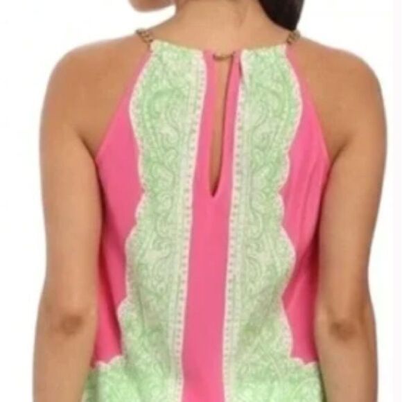 Lilly Pulitzer 100% Silk Riviera Gold Chain Halter Blouse Size Small Pink/Green - Picture 2 of 13